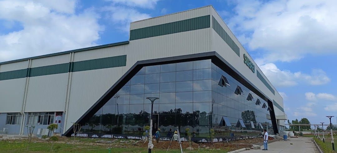 Glass curtain wall at Mahindra Swaraj, Ambala